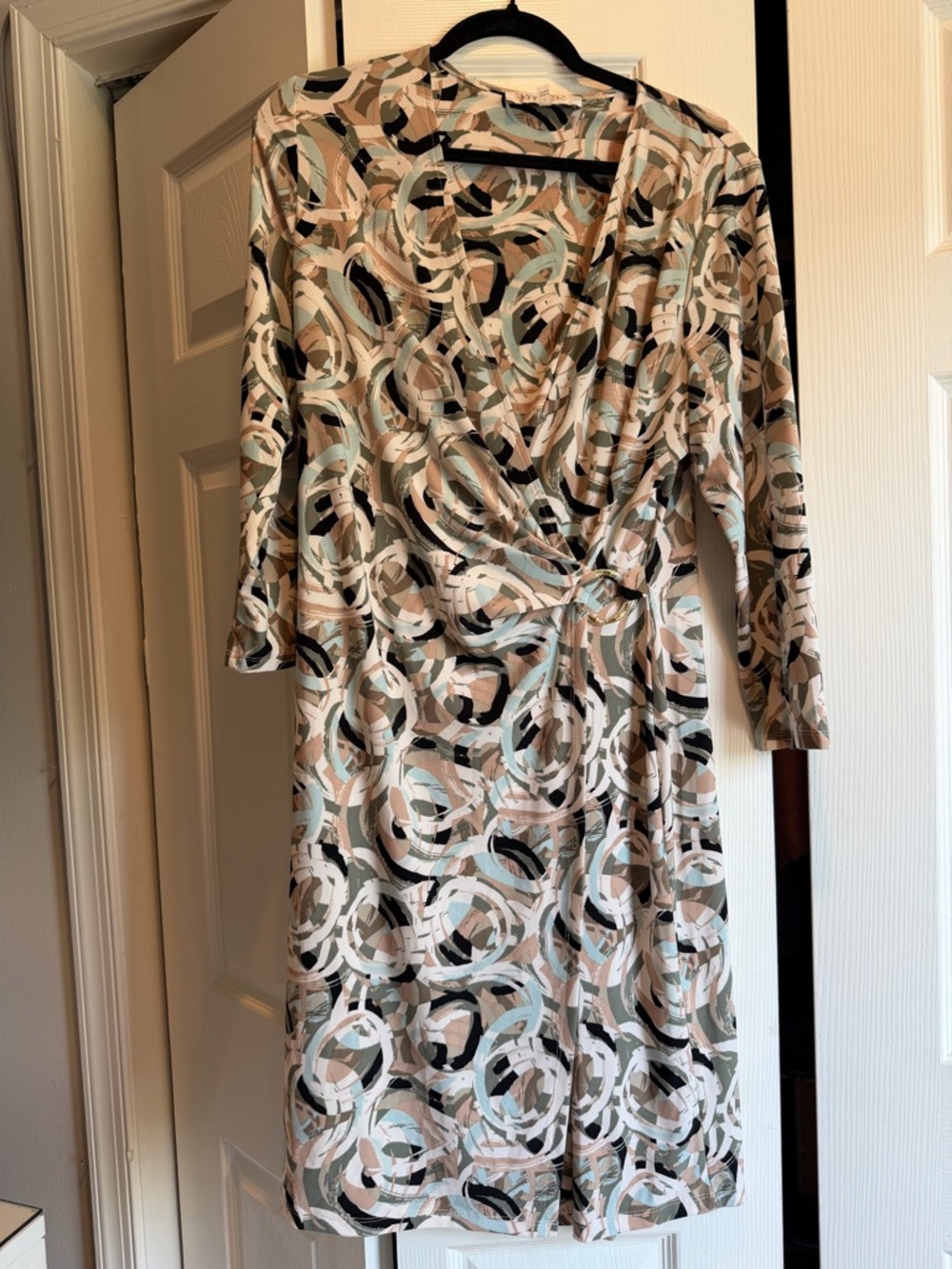 Printed Wrap-Style Midi Dress in Beige Multi